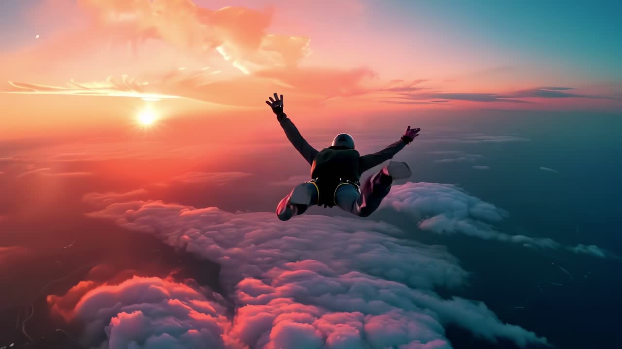 Vídeo aéreo capta um paraquedista em queda livre ao pôr do sol, com uma vista panorâmica de nuvens vibrantes.