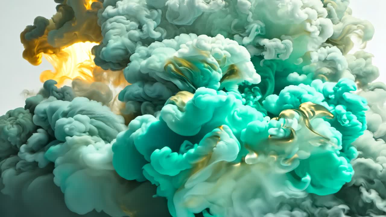 A large cloud of smoke is rising into the sky. The smoke is green and yellow, and it looks like it's coming from a volcano. Scene is ominous and foreboding, as if something terrible is about to happen