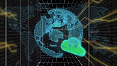 animation of globe, world map, data processing and connections over grid