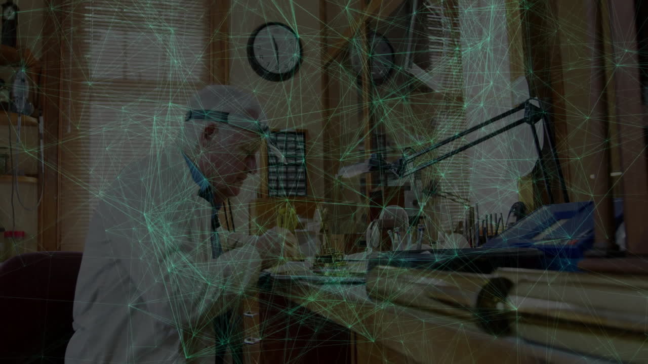 Watch repair showcasing senior watchmaker repairing watch at bench, with gear icons showing detail