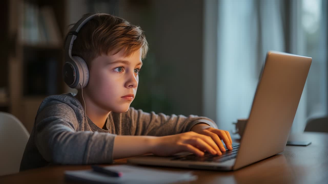 Typing schoolboy wearing gray shirt and headphones at desk by window while studying with laptop