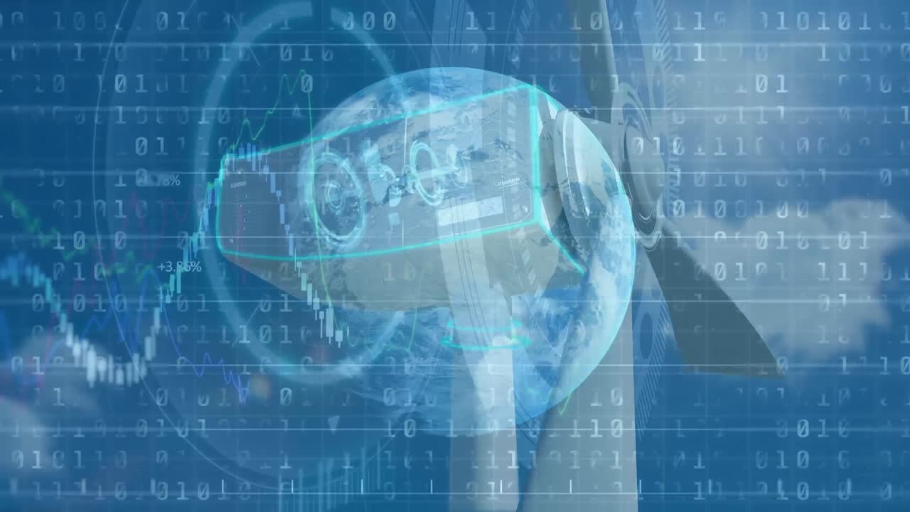 바이너리 코딩과 풍력 터빈을 통한 데이터 처리 애니메이션