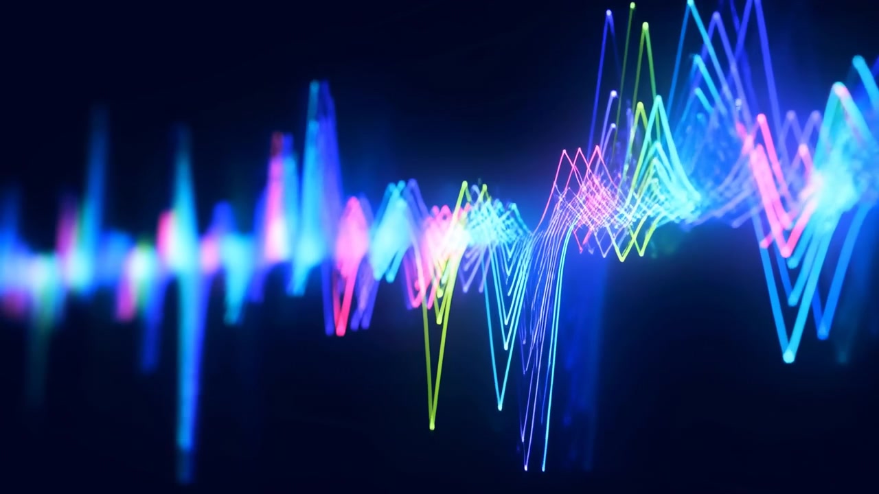 Dynamic Multicolor Audio Waveform Rising Across Dark Studio Frame, Glowing Peaks And Sinuous Lines Emulate