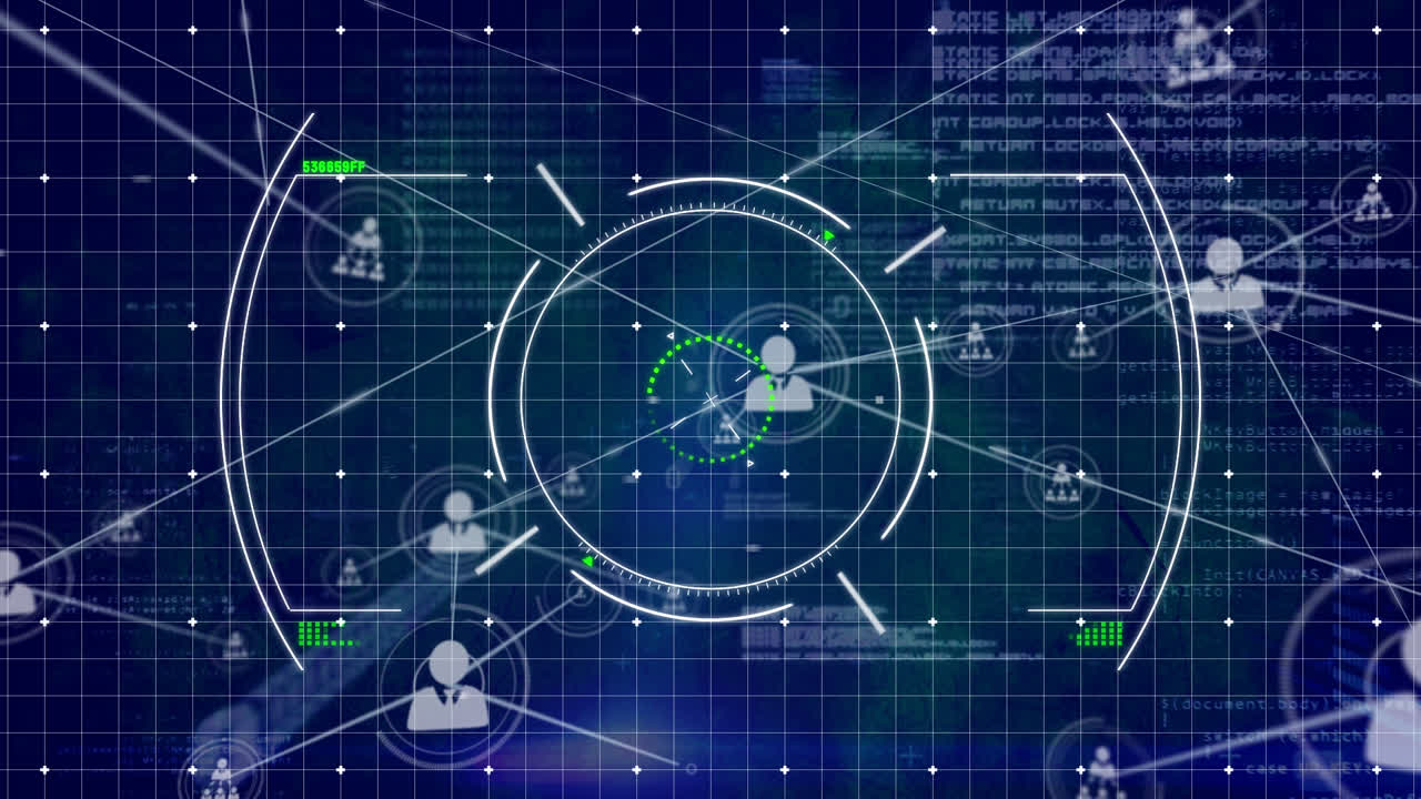 사람과 연결된 네트워크의 애니메이션, 범위 및 데이터 처리의 아이콘
