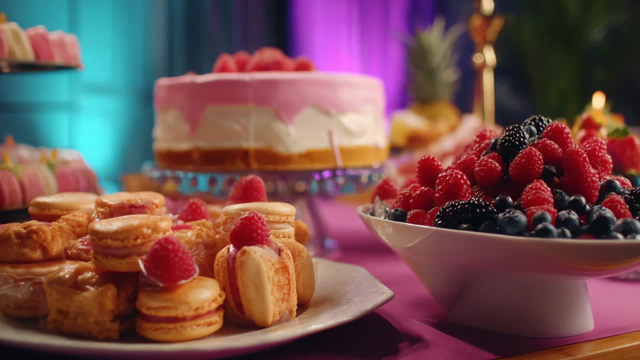 Deliciously Beautiful Dessert Spread Featuring Colorful Pastries, Cakes, and Fresh Berries, Capturing the Essence of Sweet Celebration and Indulgence in a Vibrant Party Atmosphere