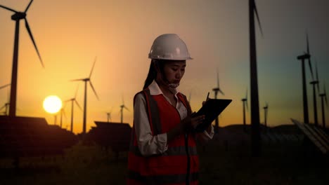 side view of asian female engineer in a helmet taking note on a tablet while standing in front of wind turbines rotating at sunset