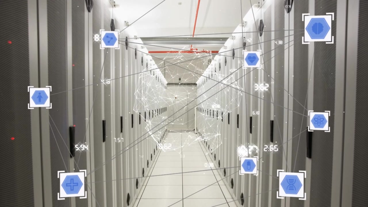 Animation of network of connections with icons over computer servers