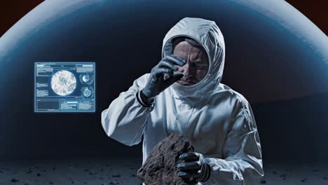 astronaut examining martian rock sample
