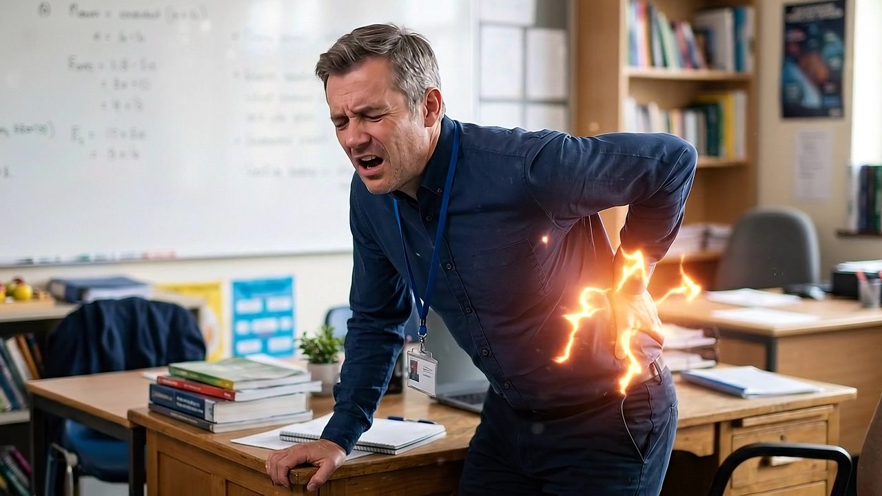 Office employee pressing lower back while standing beside computer workstation