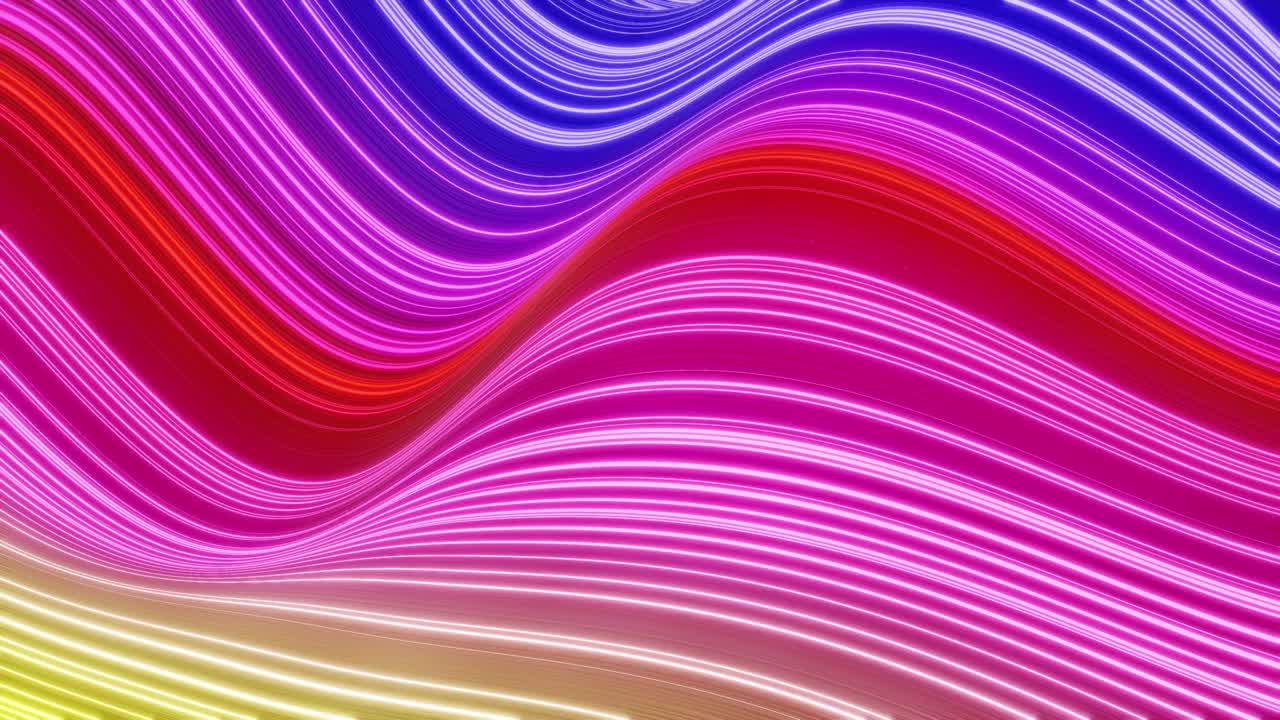 Bellissimo sfondo astratto di onde sulla superficie, sfumature di colore arcobaleno, linee estruse come superficie di tessuto a strisce con pieghe o onde su liquido. Loop 4K. Linee luminose. 10