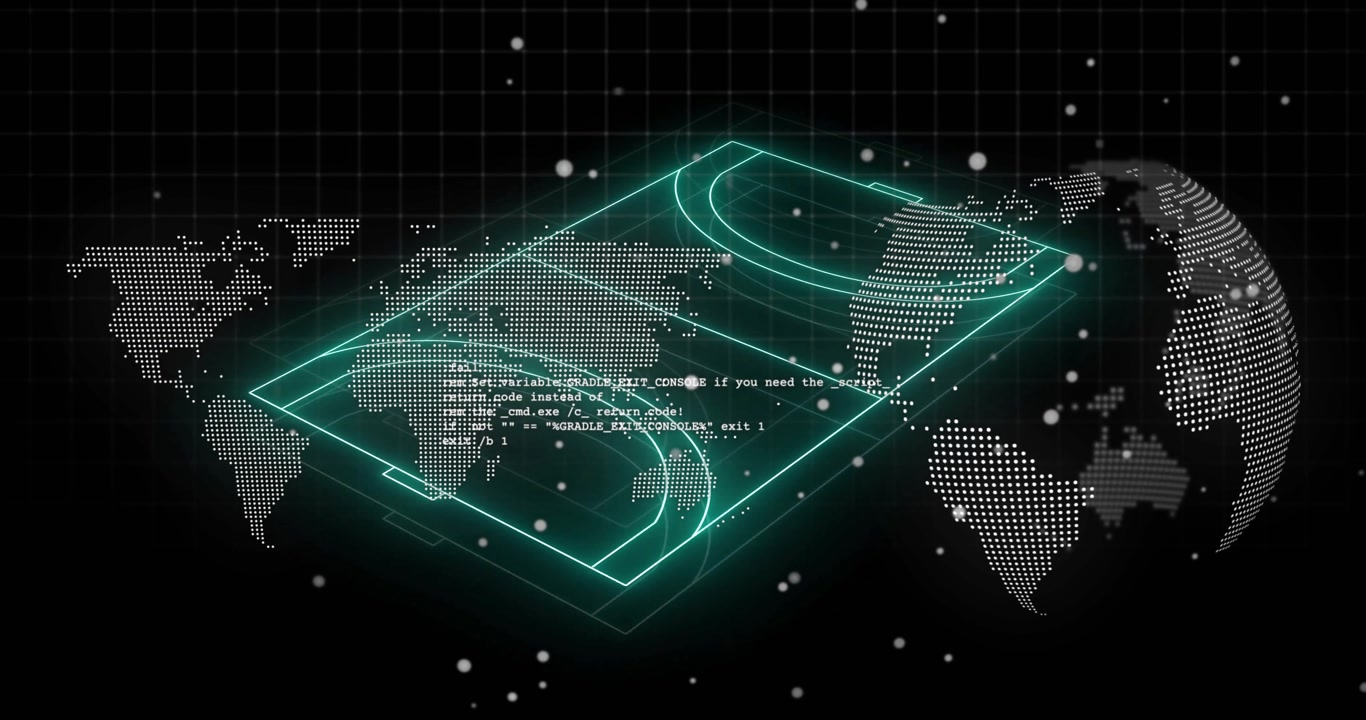 Initiating grid emitting sparks, map and globe extruding neon wireframe slab, visualizing data flow