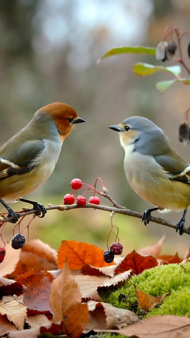Video verticale: Due uccelli posati che osservano bacche rosse nella foresta, con l'uccello a sinistra che spicca il volo dal ramoscello.