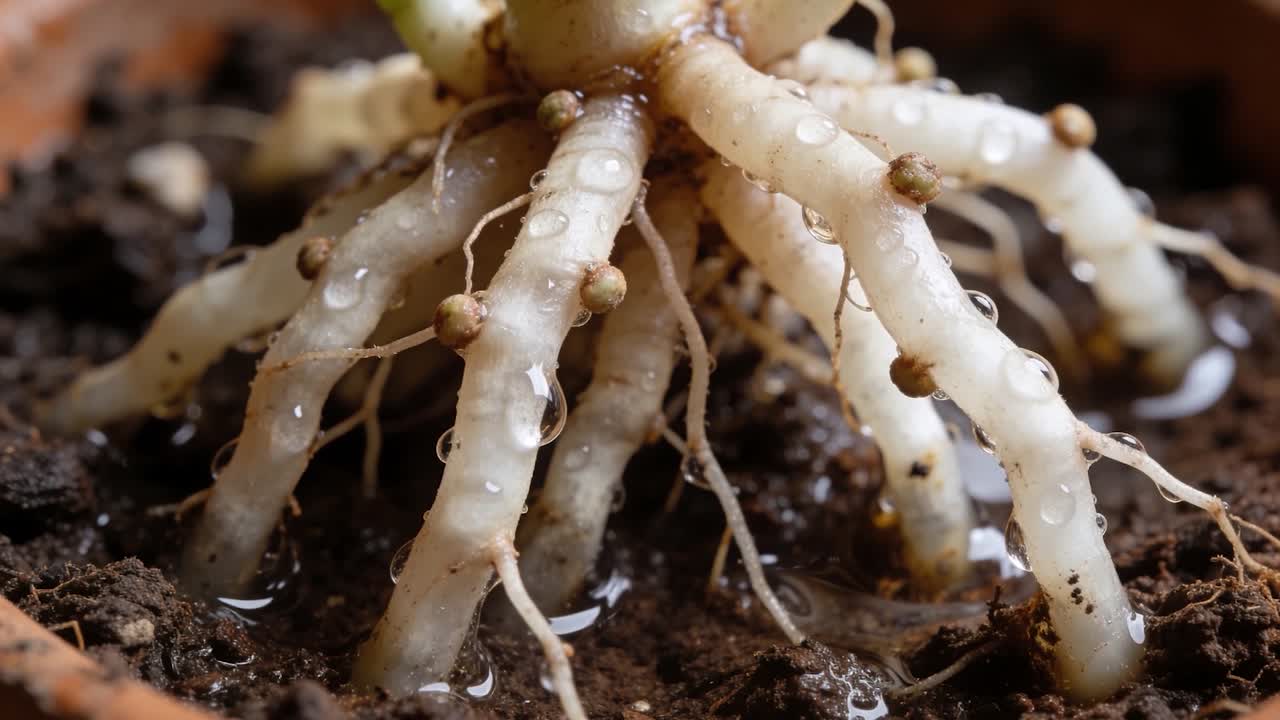 Watering fleshy roots showing droplets joining into pools on moist potting mix to hydrate plant