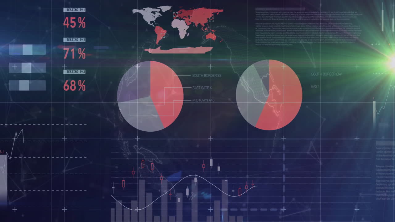 Showing global statistics, animation of data analytics with charts and graphs