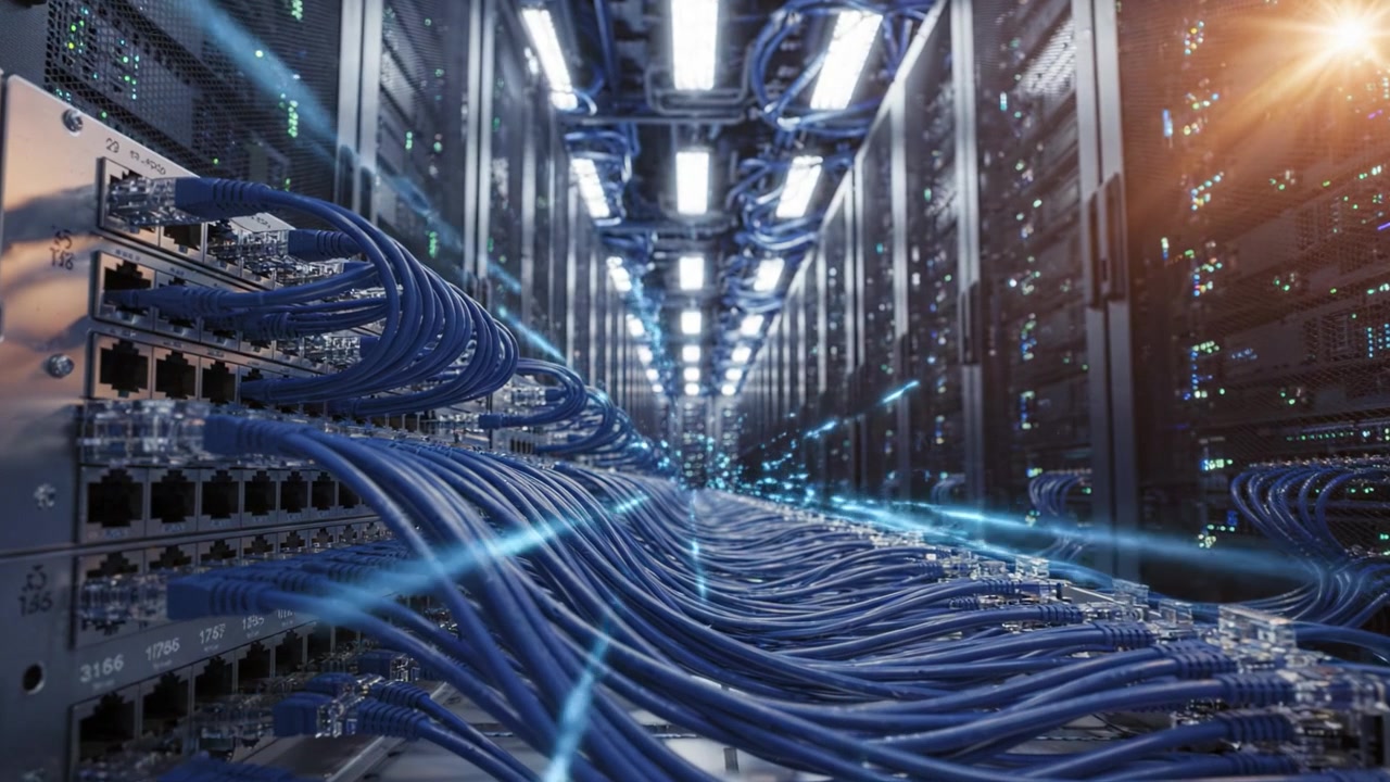 Intricate network of blue Ethernet cables connecting servers in a modern data center, showcasing the complexity and organization of digital infrastructures and technology.