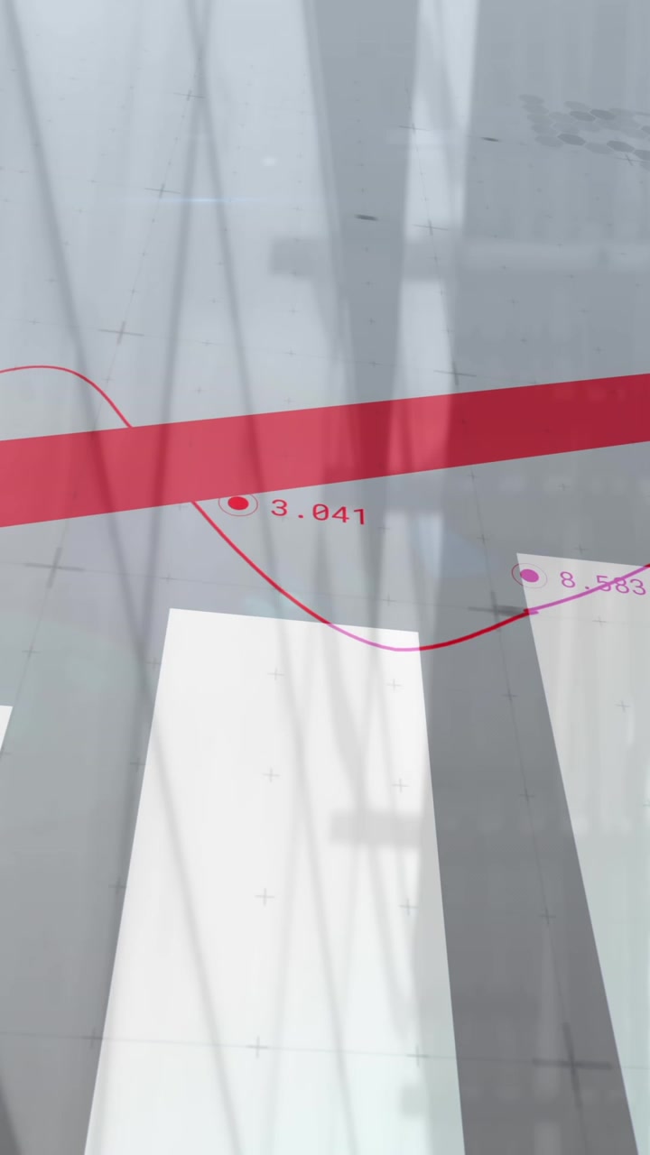 Animation of red arrow with statistics processing over cityscape