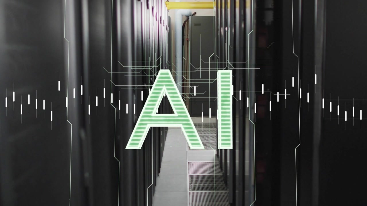 AI appearing, sparking waveform pulsing, circuit growth, camera shifting, showing datacenter power