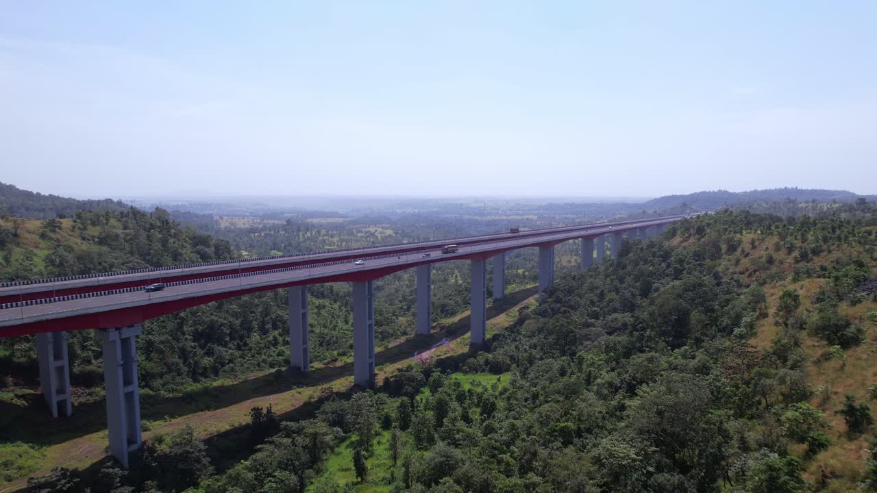 Mumbai Nagpur Expressway viaduct bridge through Western Ghats valley, wildlife reserves, Aerial
