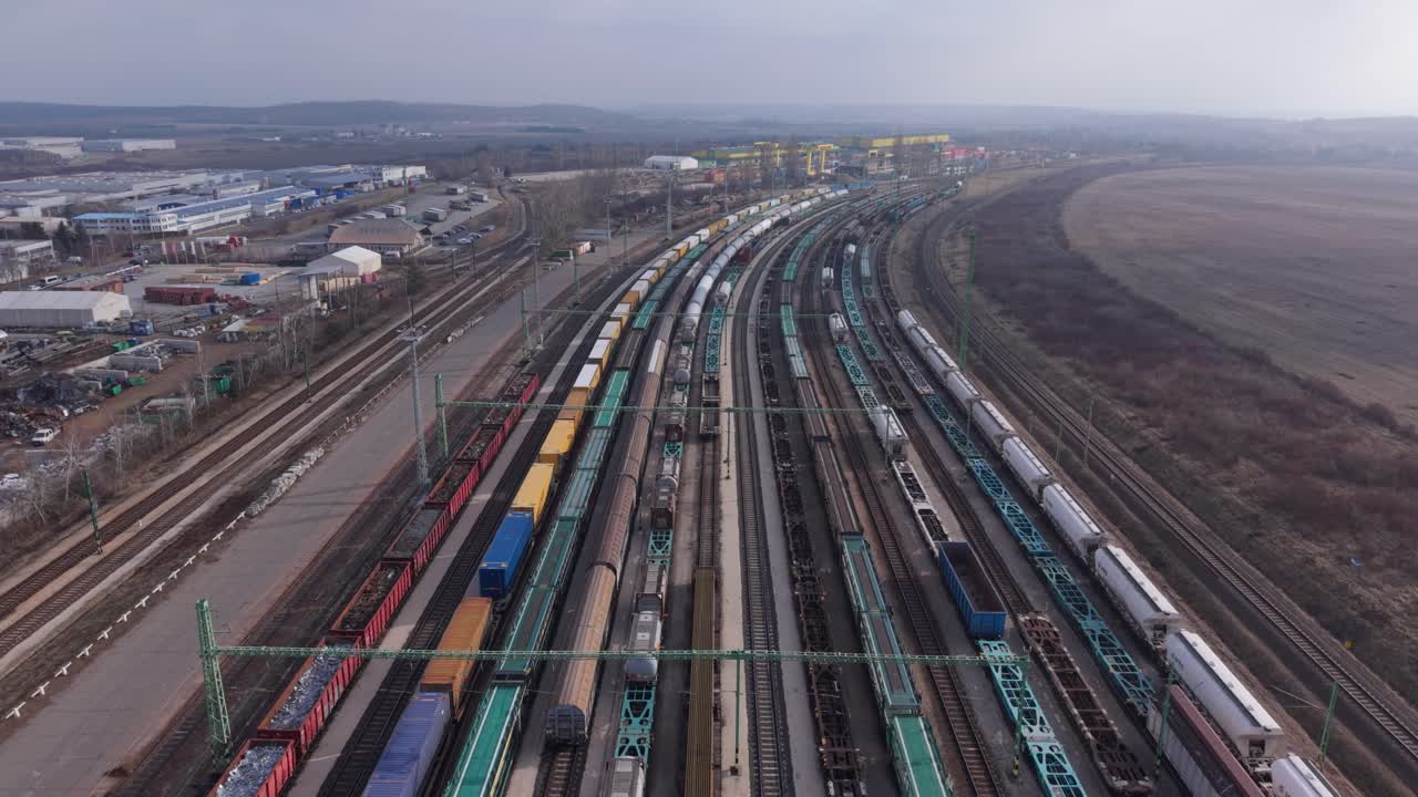 Luftaufnahme eines Rangierbahnhofs voller Güterzüge und Güterwagen, die auf parallelen Gleisen aufgereiht sind. Das Video repräsentiert modernen Schienentransport, Logistikabläufe und Güterverteilung