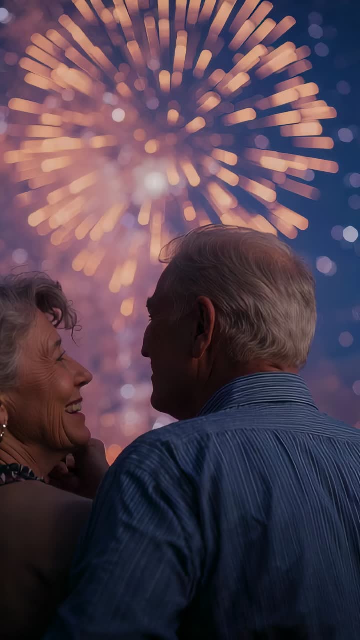 Vertical video: Bursting fireworks, senior couple hugging, watching night sky with smoke, shirt