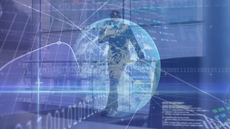 animación del procesamiento de datos financieros y el mundo sobre un empresario biracial que usa un teléfono inteligente