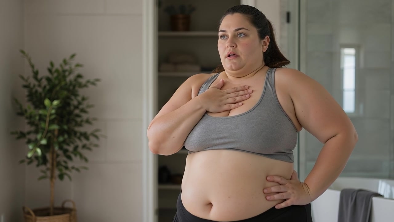 Donna taglia forte in piedi su una bilancia pesapersone in un bagno luminoso per controllare i suoi progressi