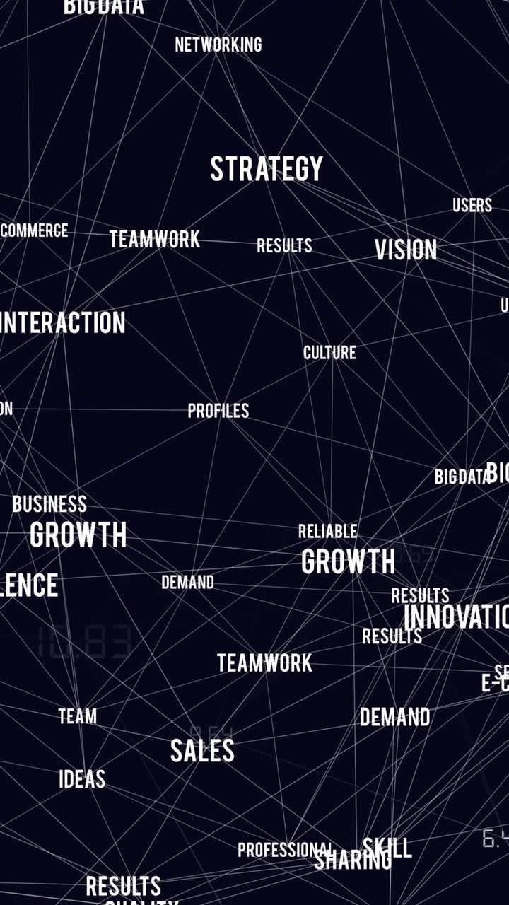 Animazione di una rete di connessioni con parole digitali