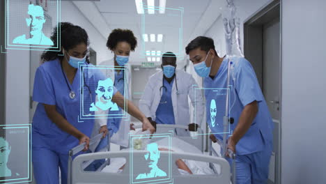 animation of people icons over diverse doctors walking with patient in hospital bed