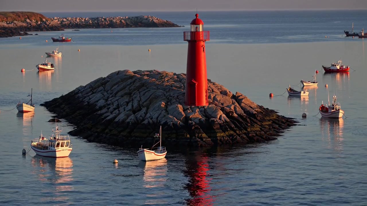 Faro rosso su un'isola rocciosa circondato da pescherecci al tramonto