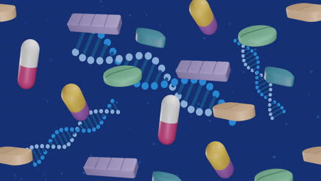 animación de pastillas flotantes y cadenas de adn en fondo azul