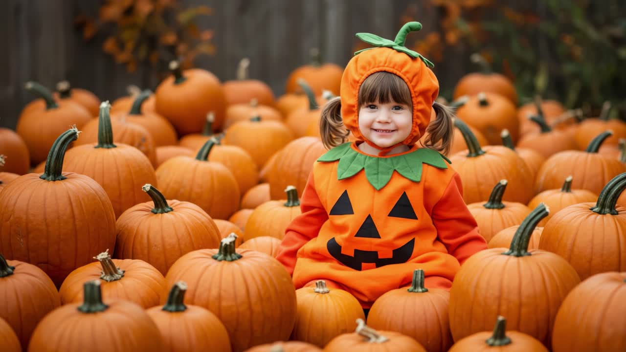 A Joyful Child Dressed as a Pumpkin Surrounded by a Sea of Vibrant Orange Pumpkins, Embracing the Festive Spirit of Autumn and Halloween Celebration