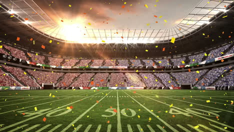 animation of golden confetti falling against view of rugby sports stadium