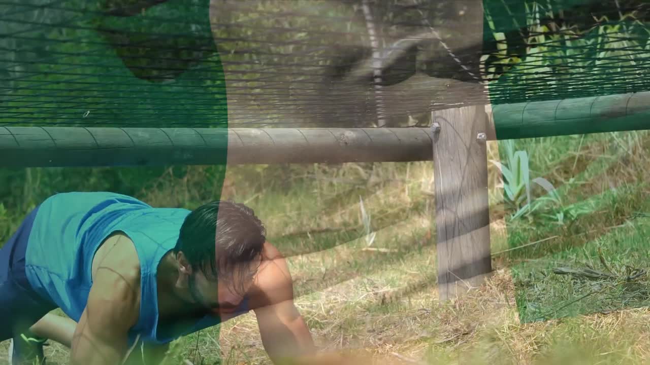 animación de la bandera de nigeria sobre un hombre musculoso y fuerte que supera la pista