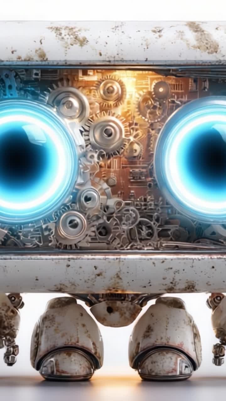 Robot Futurista con Engranajes y Ojos Azules: Una Mezcla Única de Tecnología y Emoción Capturada en Dos Encuadres de un Ser Mecánico