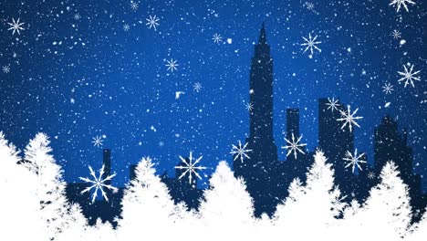 Animation-of-white-snowflakes-falling-in-evening-sky-on-city-at-christmas-time