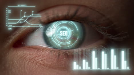 close up futuristic ceo eye analysing process checking financial benefits