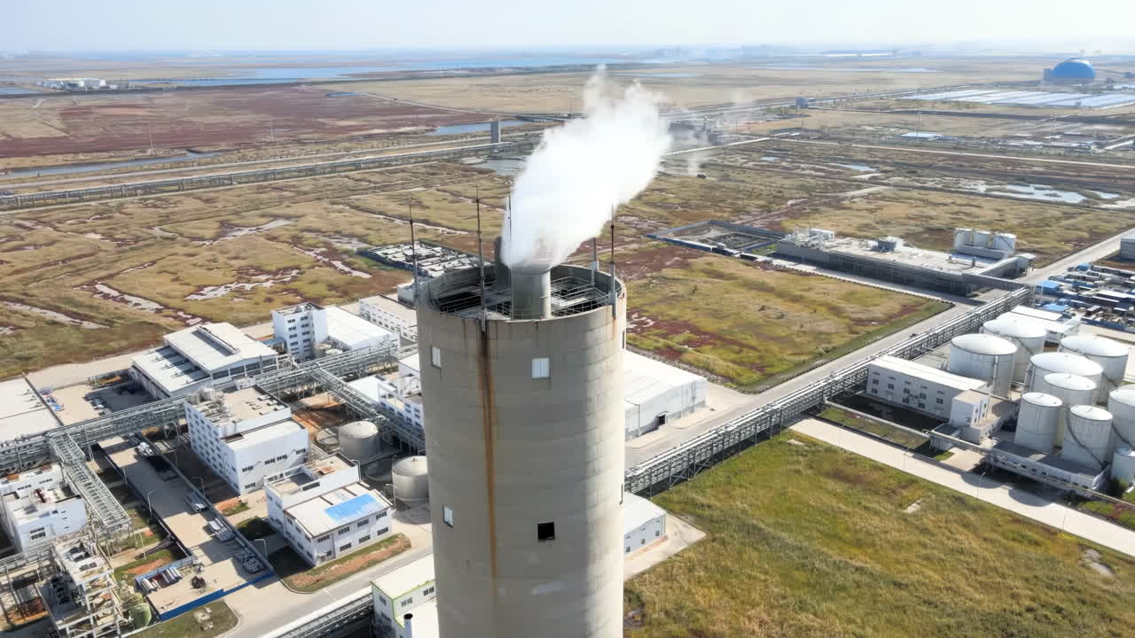 Grande e complesso impianto costiero per serbatoi di petrolio e gas, stoccaggio chimico petrolifero e petrolchimico, raffineria, centrale elettrica, rete di condotte industriali per la produzione di energia, inquinamento ambientale, fabbrica con ciminiere