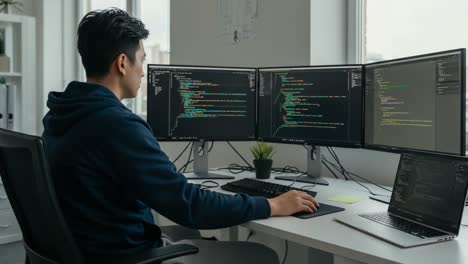 a focused programmer engaged in coding, surrounded by multiple monitors displaying complex code and collaborating with technology in a modern workspace