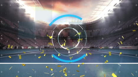 animación de confeti dorado cayendo sobre el escáner redondo contra el estadio deportivo.