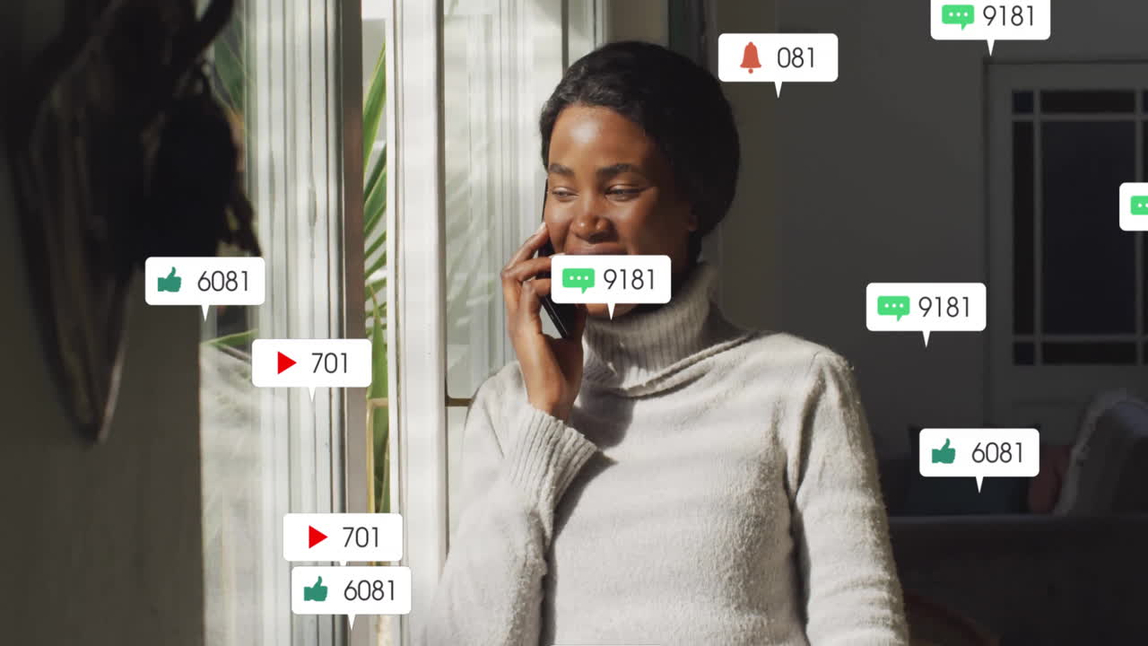 Talking on phone, woman surrounded by animation of social media notifications
