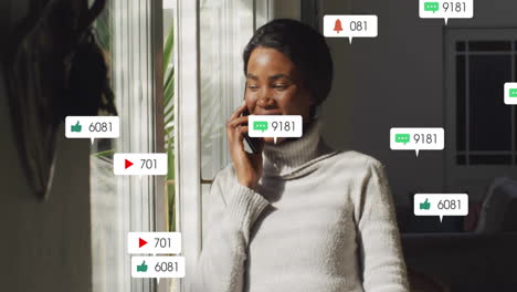 talking on phone, woman surrounded by animation of social media notifications
