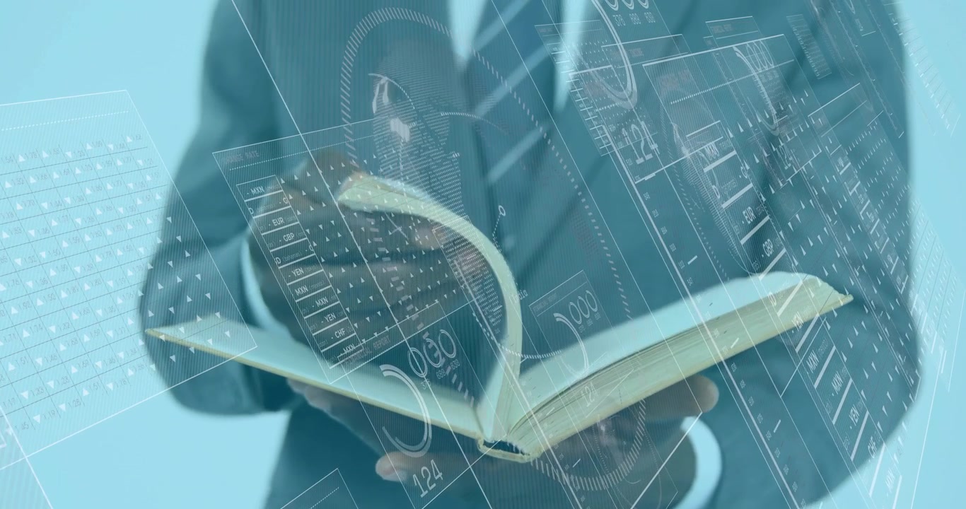 Right-hand starting flip, executive holding notebook and fanning pages while HUD shifting data view