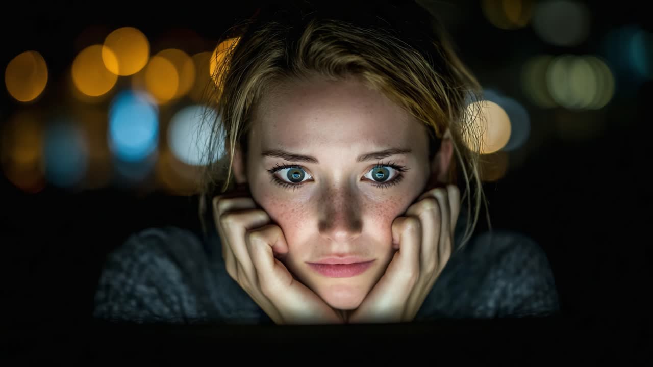 Captivating Emotional Intensity: A Young Woman's Focused Expression Illuminated by Subtle Background Highlights in a Dark Environment
