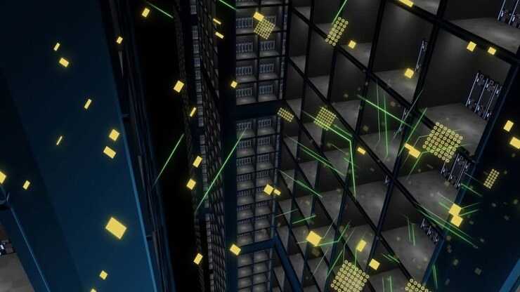 Animation of circuit board and digital data processing over computer servers