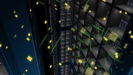 animazione di schede di circuiti e elaborazione di dati digitali su server di computer