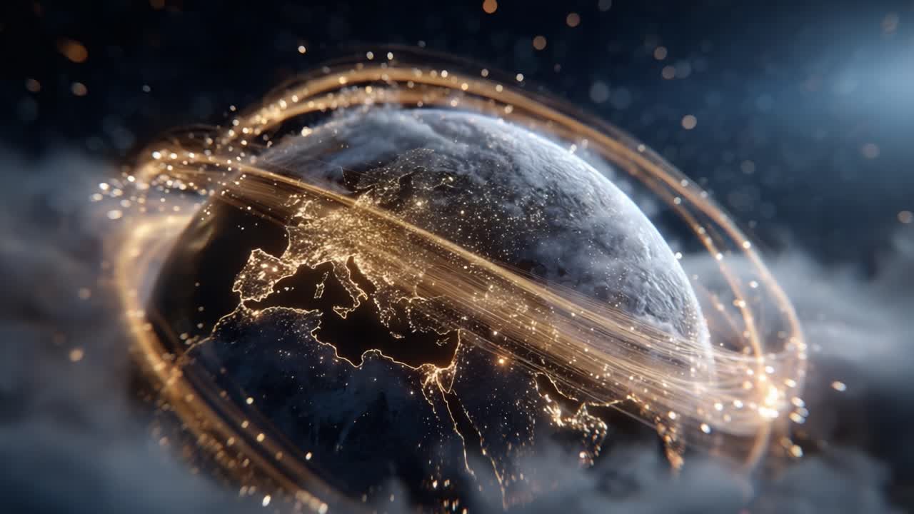 A Stunning Visualization of Earth Illuminated by Connecting Light Trails, Representing Global Connectivity and Technological Advancement in a Cosmic Setting