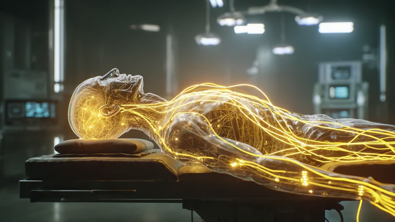 A captivating depiction of a transparent humanoid figure with glowing neural pathways, elegantly laid on a table in a futuristic medical environment, showcasing intricate details of biological circuitry and advanced technology