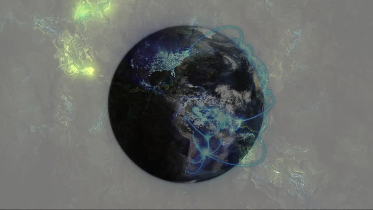 Animation of Earth glowing with blue lines and abstract light patterns surrounding