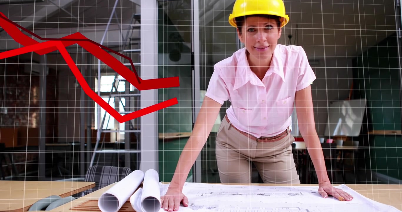 Animação de processamento de dados sobre trabalhadora caucasiana com esquema