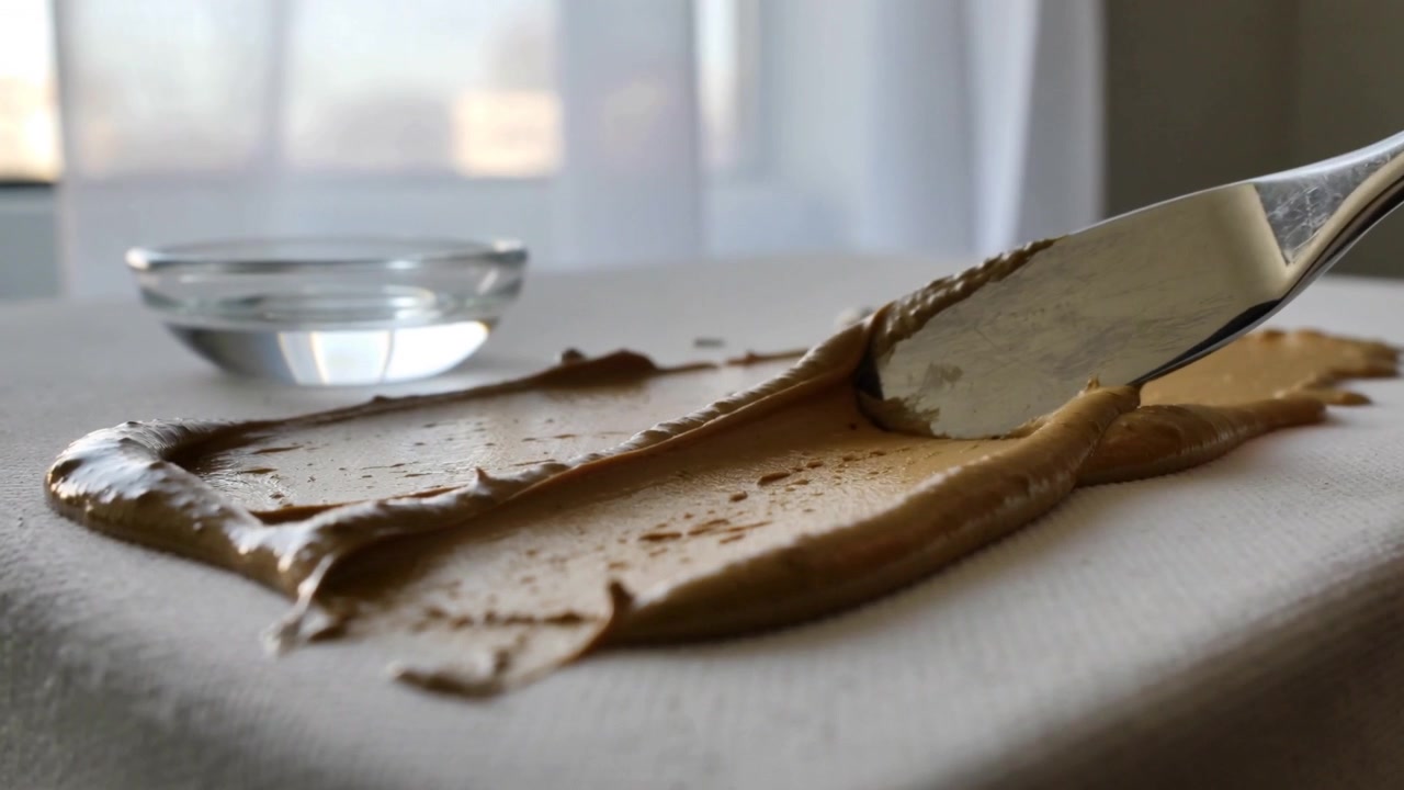 Knife tip touching brown paste hand palette knife pulling over table by window smoothing glass bowl